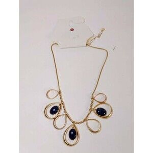 DB Dark Blue Cabochon Gold Tone Beaded Necklace New